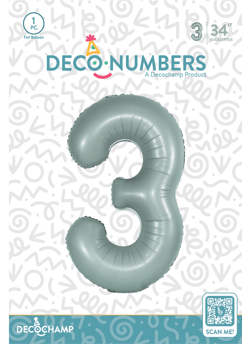 Number 3 Eucalyptus Foil Balloon 34" (Single Pack) DECONUMBER - FestiUSA