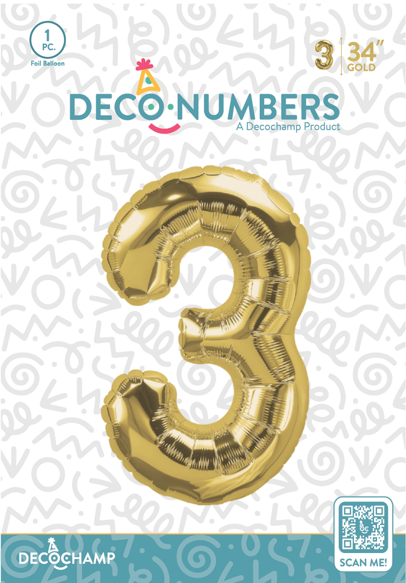 Number 3 Gold Foil Balloon 34" (Single Pack) DECONUMBER - FestiUSA