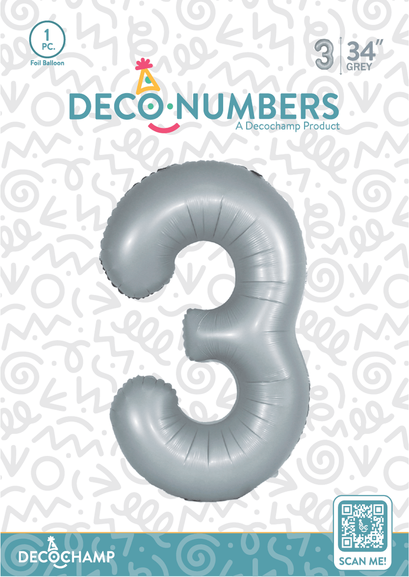 Number 3 Grey Foil Balloon 34" (Single Pack) DECONUMBER - FestiUSA