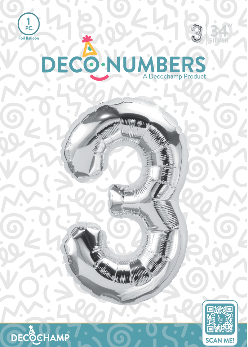 Number 3 Silver Foil Balloon 34" (Single Pack) DECONUMBER - FestiUSA