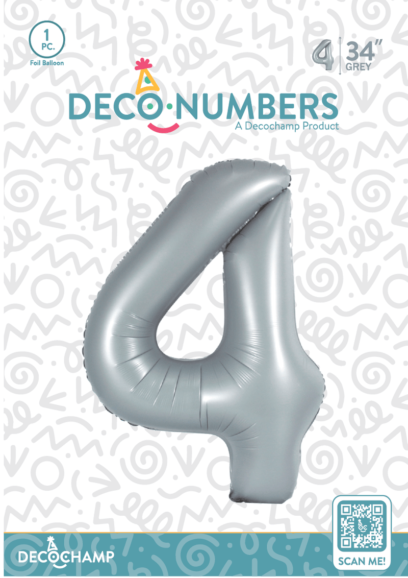 Number 4 Grey Foil Balloon 34" (Single Pack) DECONUMBER - FestiUSA