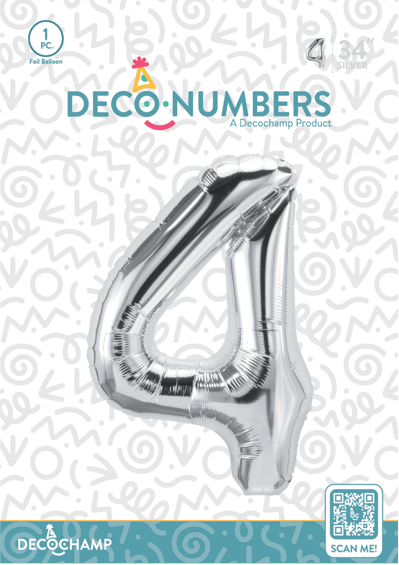 Number 4 Silver Foil Balloon 34" (Single Pack) DECONUMBER - FestiUSA
