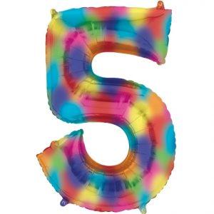 Number 5 Rainbow Splash Foil Balloon 34" each. 16378-34 - FestiUSA