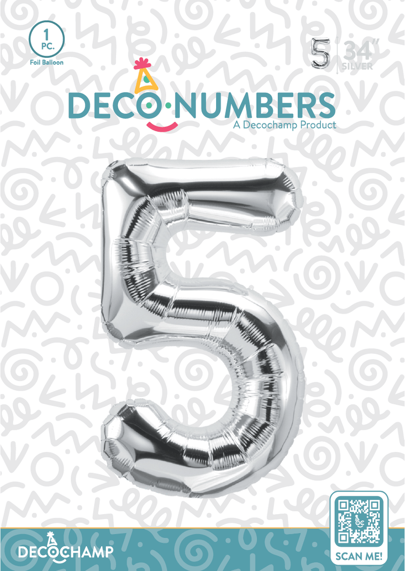 Number 5 Silver Foil Balloon 34" (Single Pack) DECONUMBER - FestiUSA