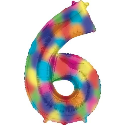 Number 6 Rainbow Splash Foil Balloon 34" each. 16379-34 - FestiUSA