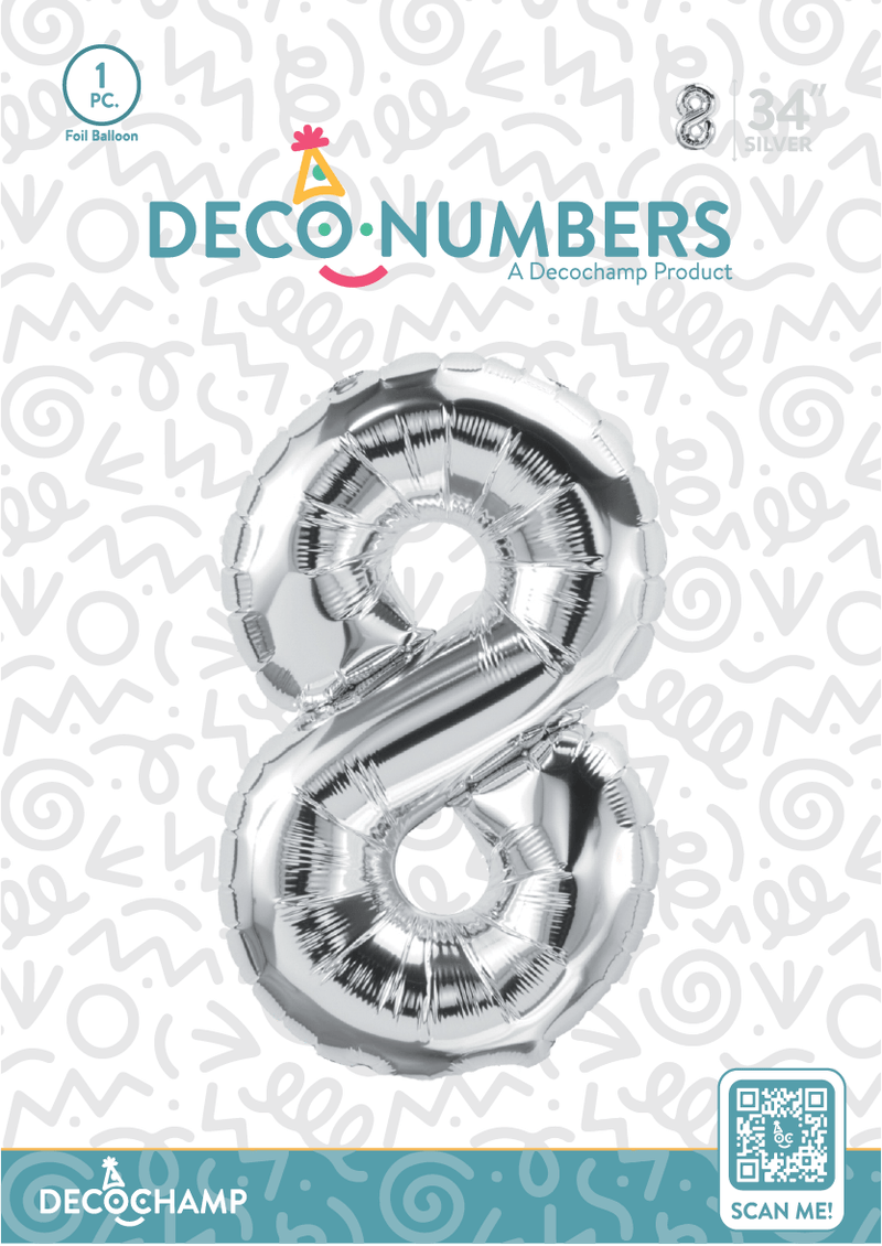 Number 8 Silver Foil Balloon 34" (Single Pack) DECONUMBER - FestiUSA